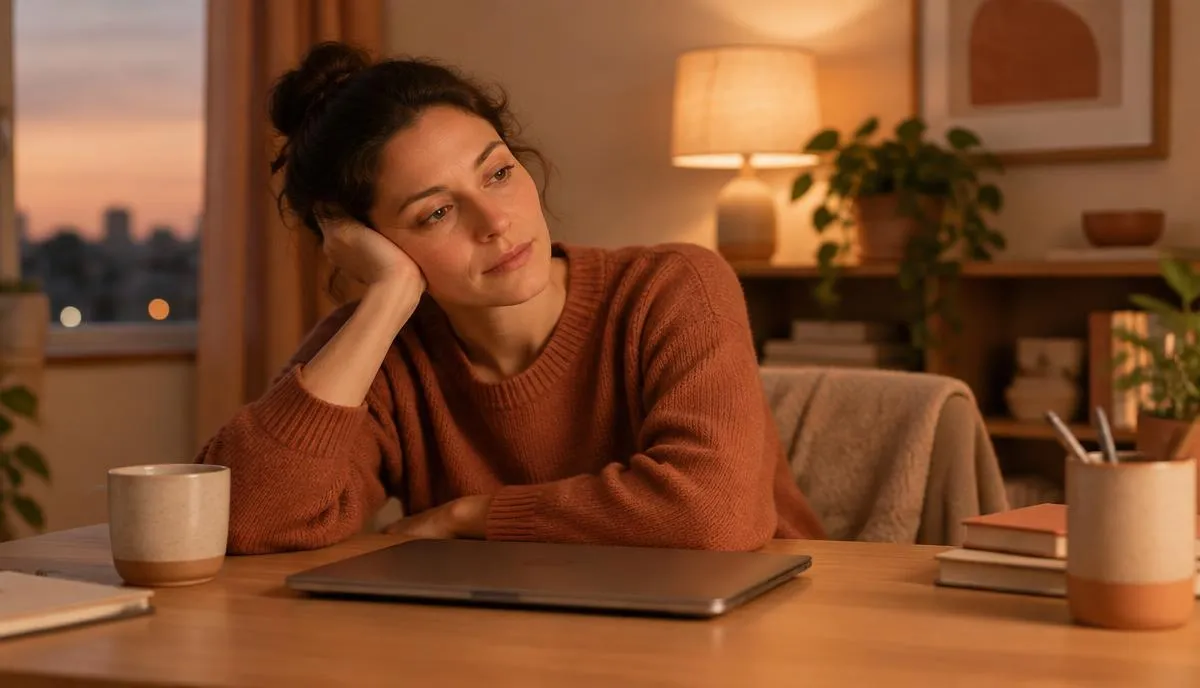 Mulher cansada apoiando a cabeça na mão diante de um notebook fechado, em um fim de tarde com luz suave
