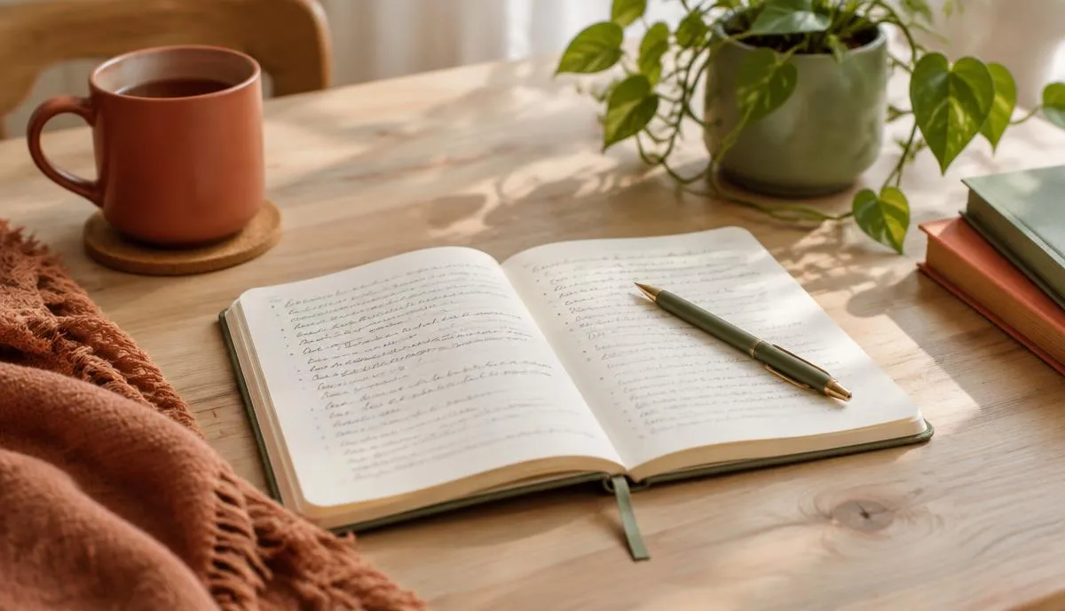 Caderno aberto com anotações à mão sobre uma mesa de madeira, ao lado de uma caneca e de uma planta